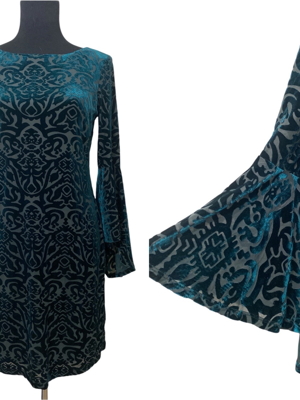 Eliza J Green Patterned Velvet Burnout Cascade Bell Sleeve Shift Dress